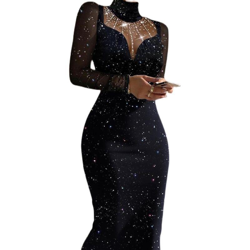 Mesh Patchwork Hot Drilling Dress Rhinestone Contrast Mesh Bodycon Dress