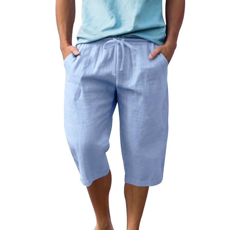 Summer Loose and Simple Solid Color Seven Quarter Pants Cotton and Linen Breathable Casual Sports Beach Men’s Shorts