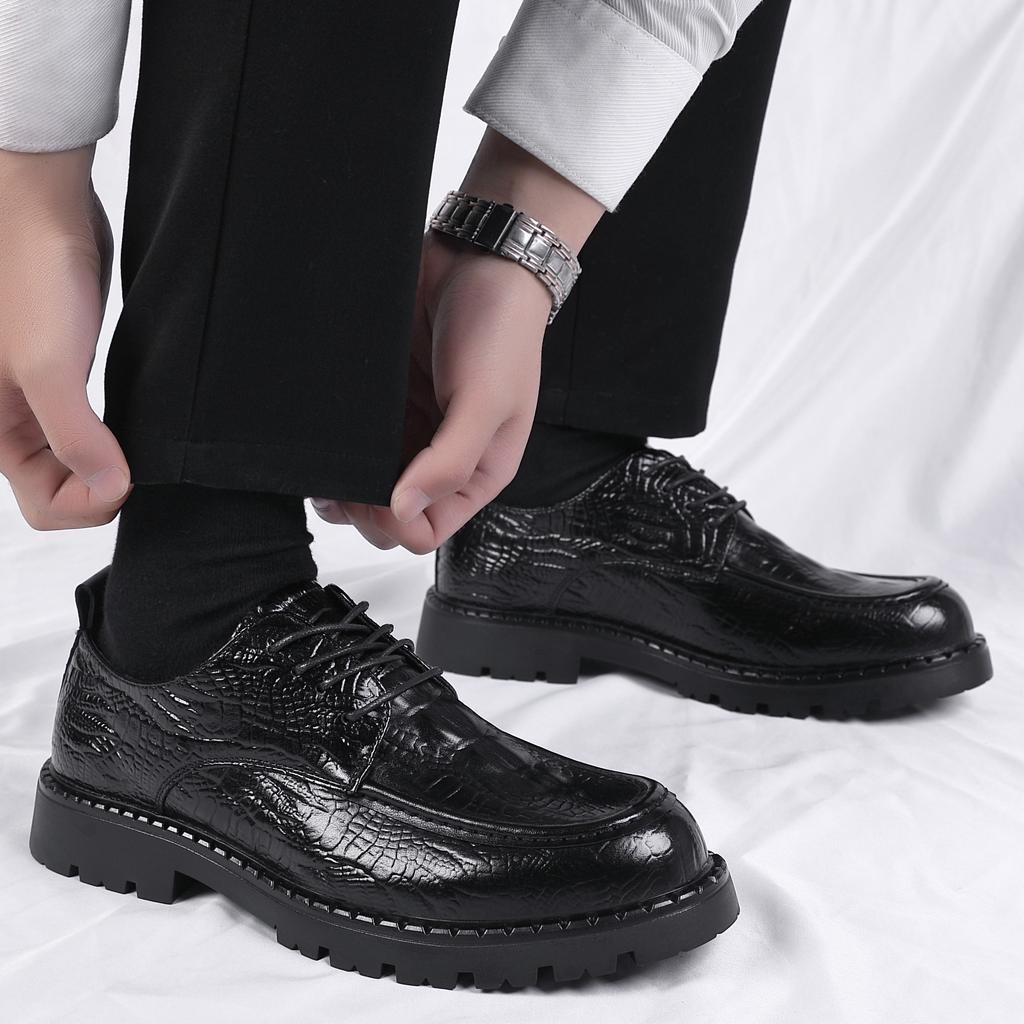 Black Leather Shoes Men's Business Dress Autumn and Winter Young People British Casual Soft Sole Heightening Wedding Shoes Men's