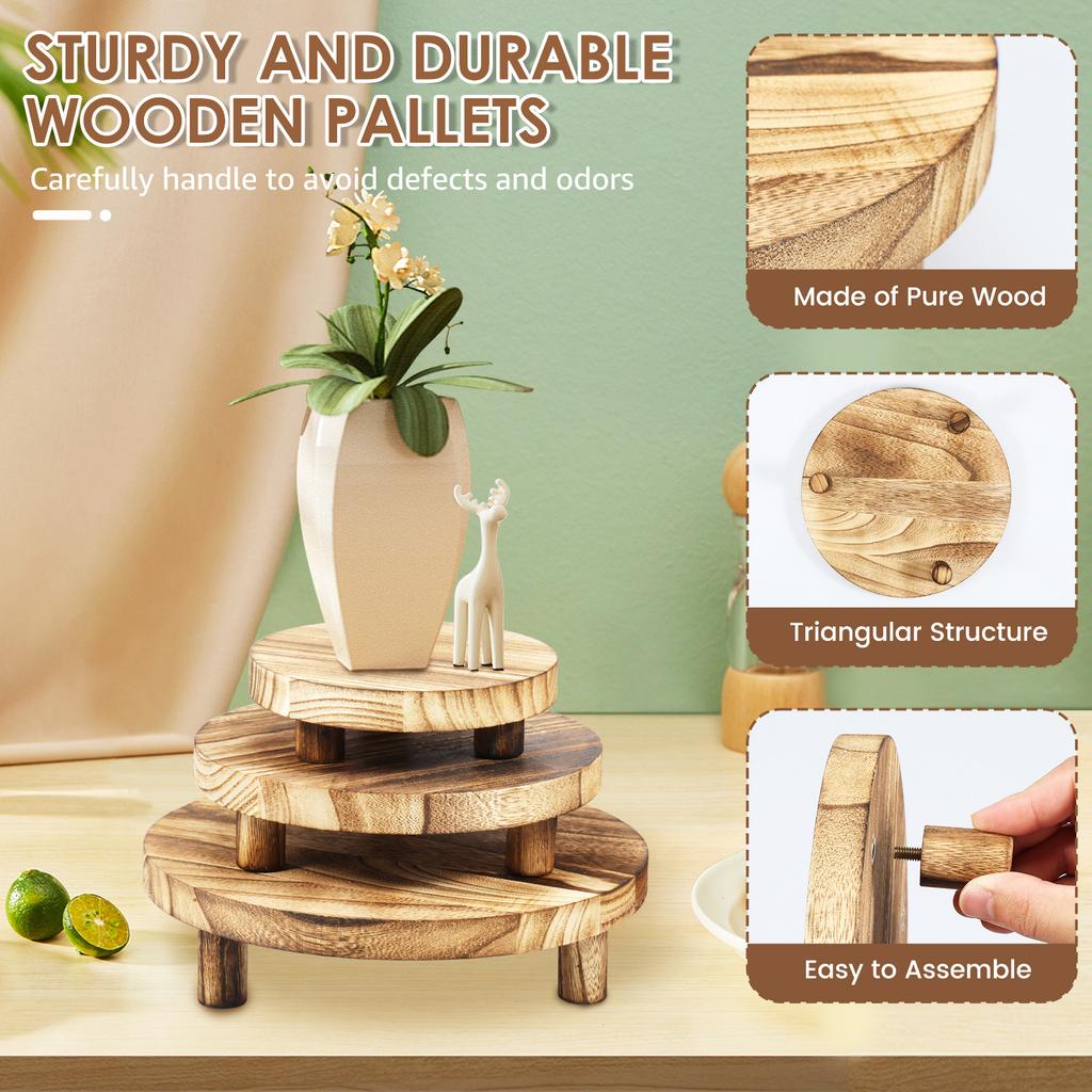3Pcs Wooden Stool Display Stand 3 Sizes Wood Plant Holder Riser Stand Round Wood Riser with Removable Feet for Home Patio Decor