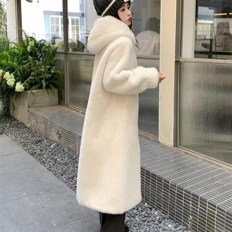 Women Faux Fur Coat Solid Hooded Long Fur Coat Fluffy Luxury Loose Casual Outerwear Winter