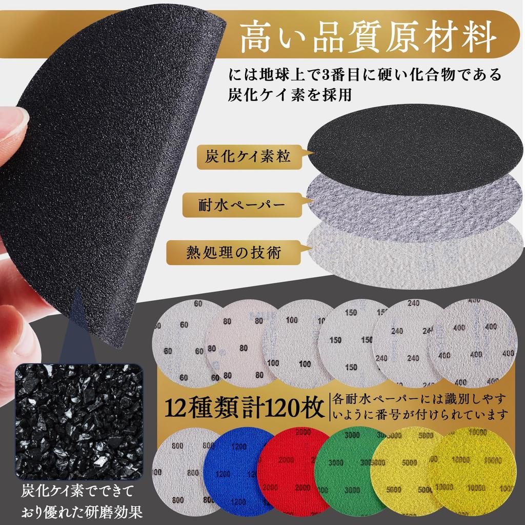 GOH DODD 50mm Waterproof 12 for Precision Mirror Car Jewelry Waterproof Sandpaper with Backing Pads Each of and 123-Pack Sandpaper, Types, #60-#10000,