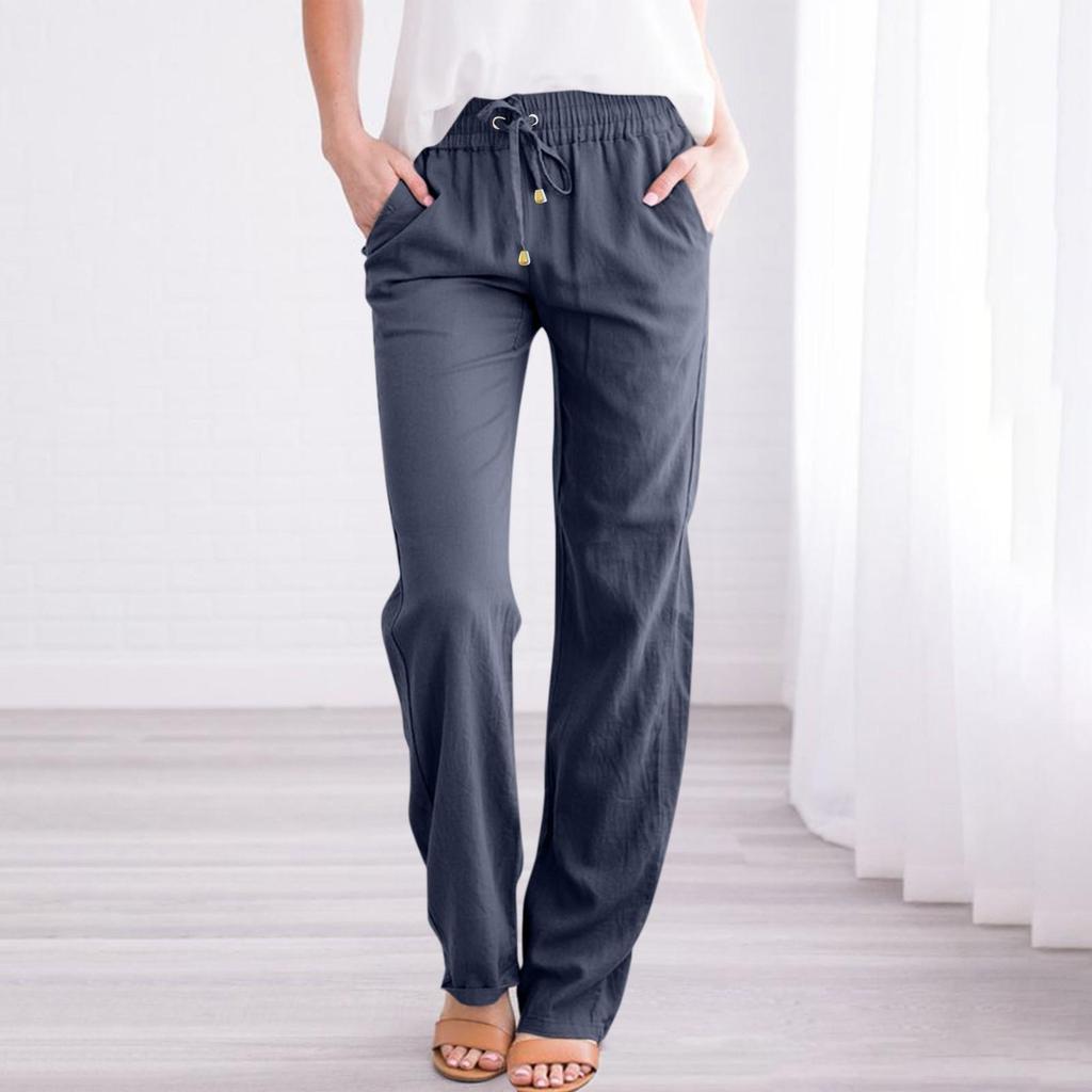 Frauen Casual Baumwolle und Leinen solide Kordelzug elastische Taille lange gerade Hosen