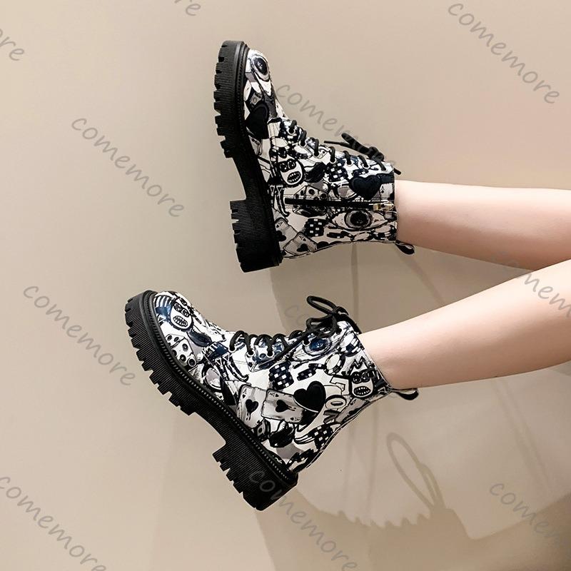 Fashion Comemore 2025 New Autumn Boots Graffiti Women's Shoes Printed Cartoon Lace-up Leather Ankle Boots Punk Style Thick Heeled Botas
