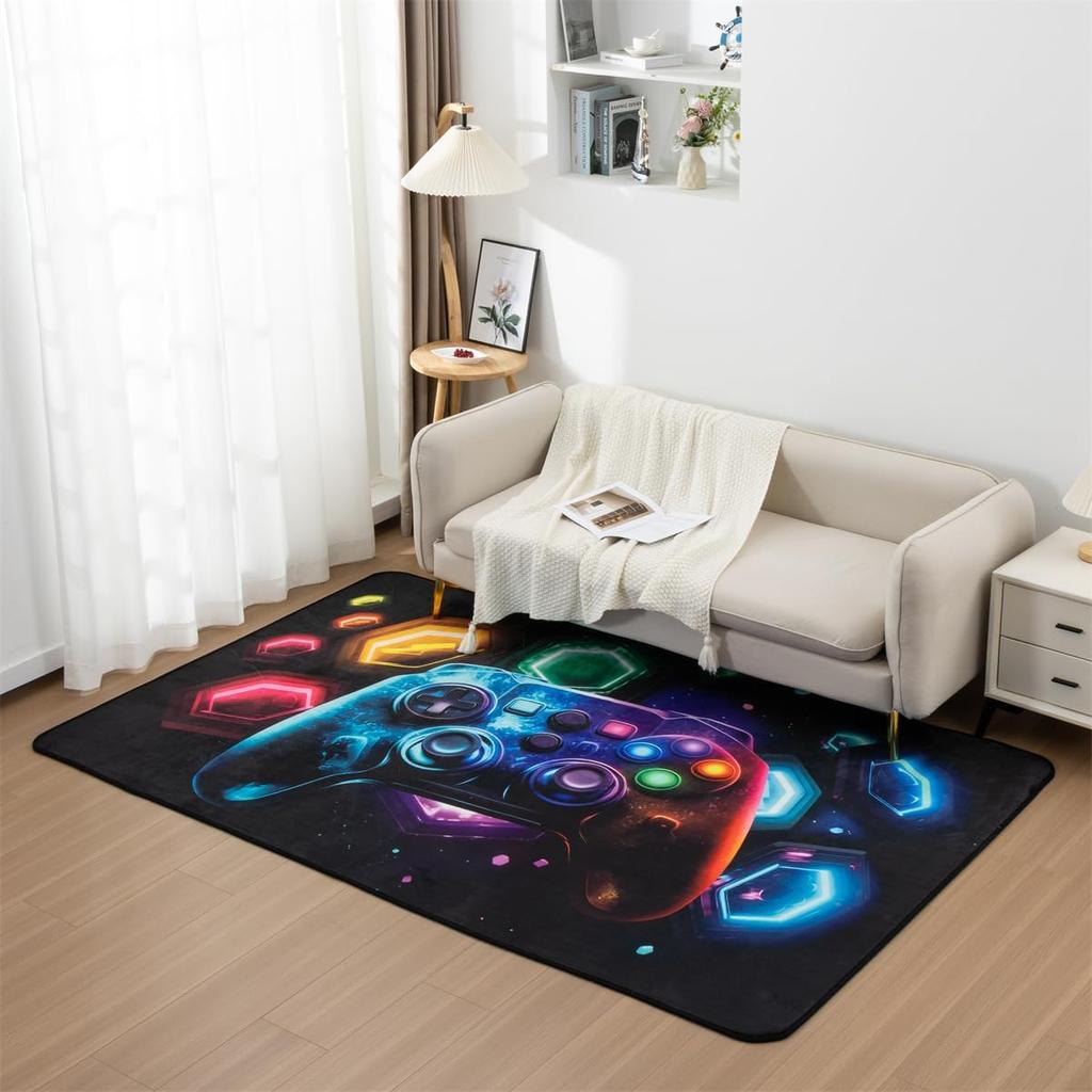 Neon Hexagon Game Controller Rug, Colorful Glowing Geometric Frame Print, Non-Slip Washable Floor Mat for Gaming Room Indoor