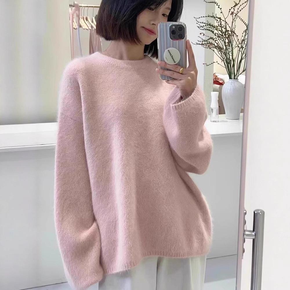 Women's Winter Soft Pink Velvet Round-Neck Sweater
