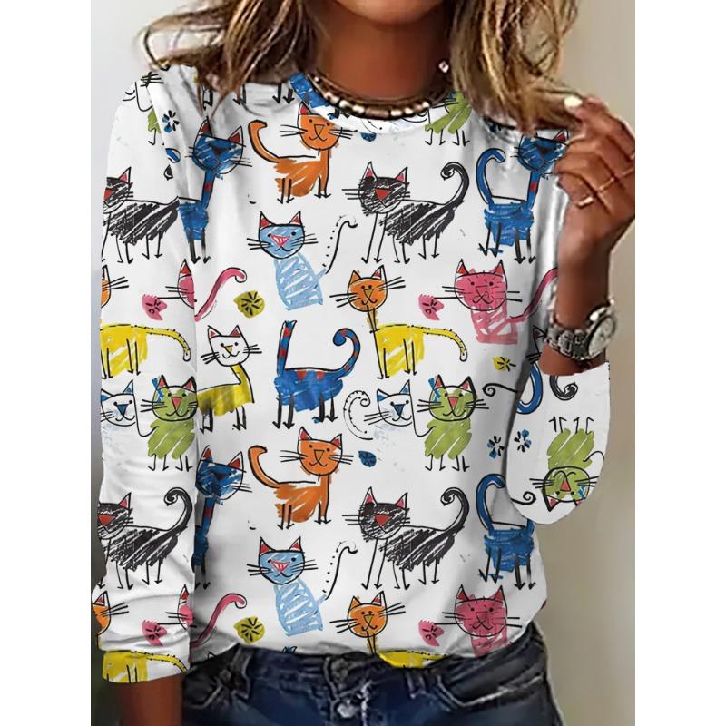 Autumn Women's T-Shirt Casual Long Sleeve Animal Pattern Print Street Crew Neck Female Oversized Clothing Outdoor T Shirts