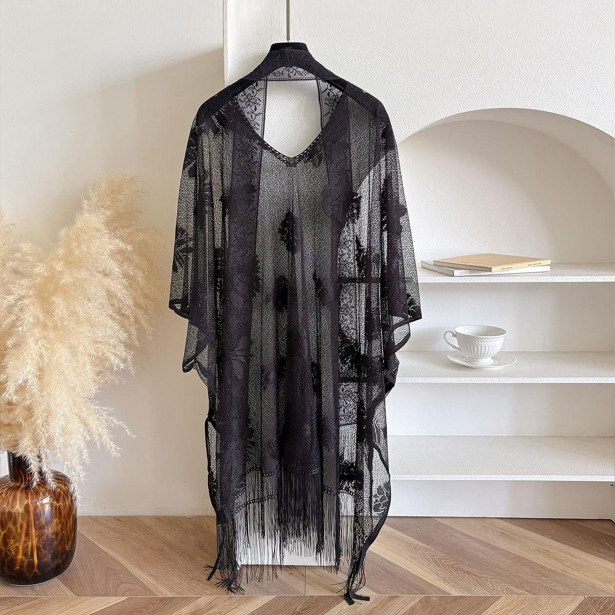 

Китайская шаль Ципао Женский кардиган Весенне-летний тонкий Темперамент Кружевная ажурная Бахрома Древняя шаль чёрный