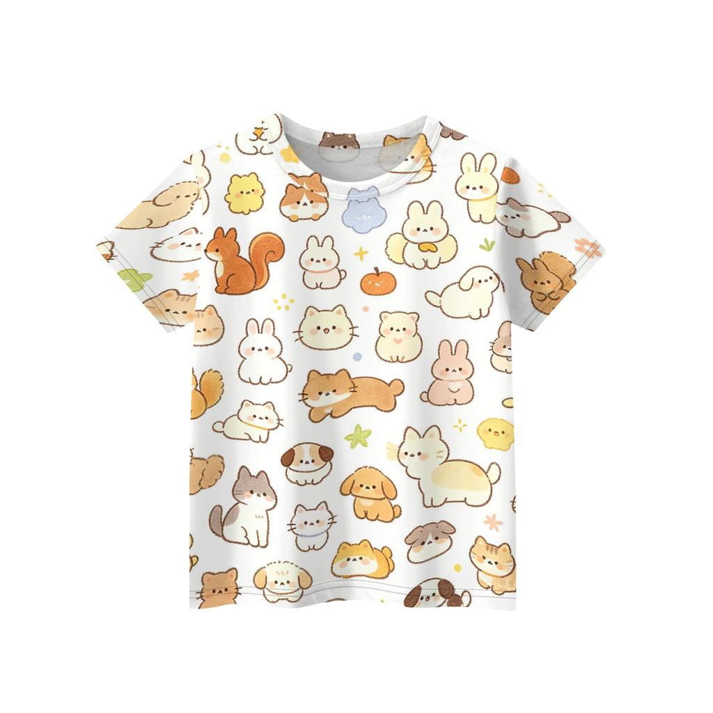 Kids Animal Print Crew Neck Short Sleeve Casual Loose Fit T Shirt Top Soft Comfortable Fabric Suitable for Everyday Wear