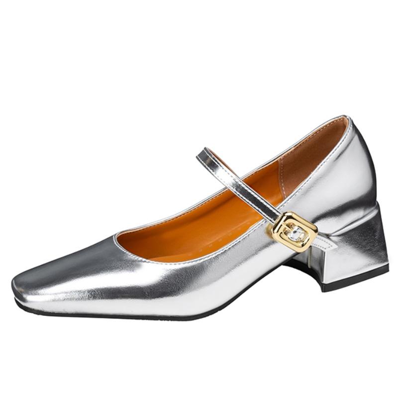 Dámské boty Mary Janes s nízkým podpatkem 2025 Nová móda Stříbrné Béžové Boty na párty a svatbu s krátkým podpatkem Dámské lodičky Velká velikost 45