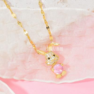 Playful Bunny Necklace Female Light Luxury Versatile Pink Zircon Pendant For Girlfriend Collarbone Chain