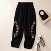 Pantaloni Harem in Cotone e Lino Ricamati con Fiori Estivi Donna Pantaloni Bassi Casual Vintage Tasca Caviglia