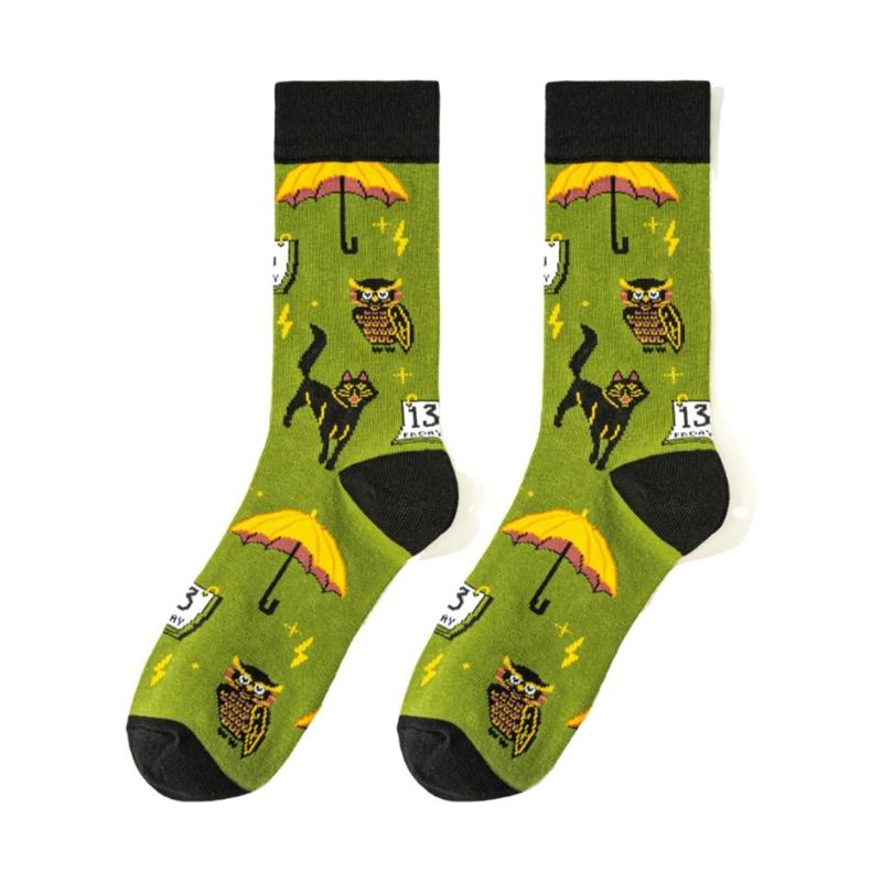Halloween Themed Cotton Socks Elastic Cuffs Breathable Fabric Practical Wear Festive Ghosty Pumpkin Patterns