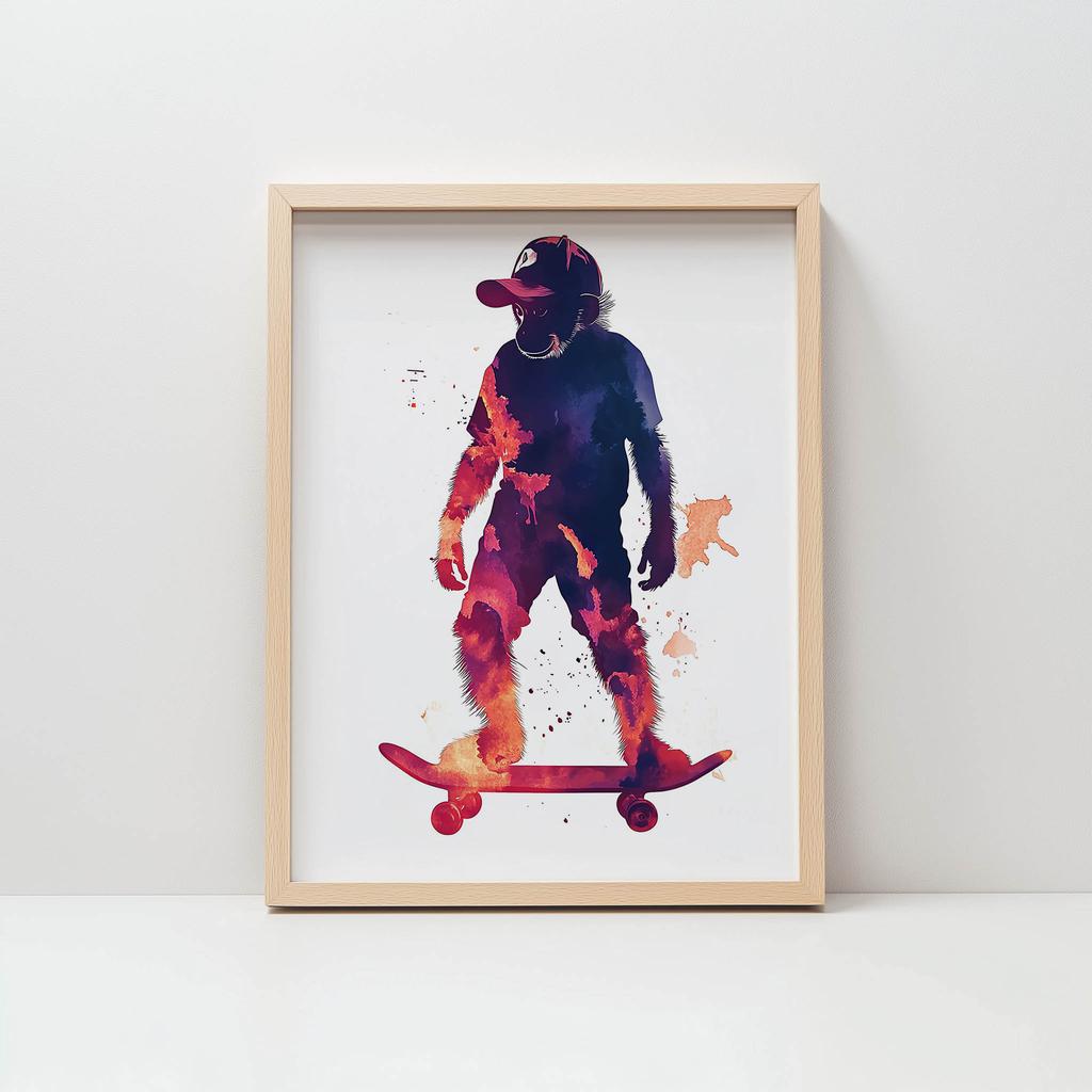 Poster Monkey On Skateboard Poster Monkey On Skateboard, 30X40 Cm, Frame Wooden Light Oak, Paper Matte 230 Gsm