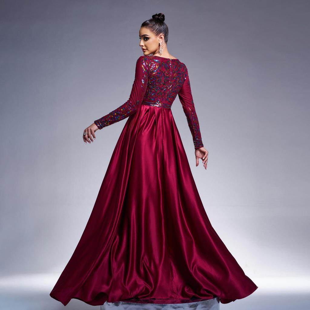 Elegantes europäisches & amerikanisches Langarm-Pailletten-Abendkleid