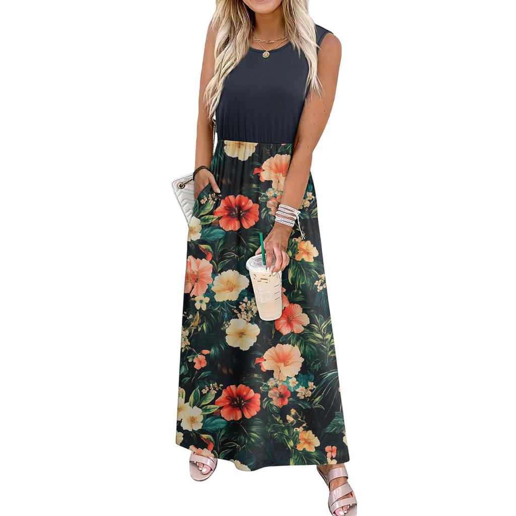 Ladies' Floral Print Casual And Fashionable Waist Cinched Sleeveless Dress