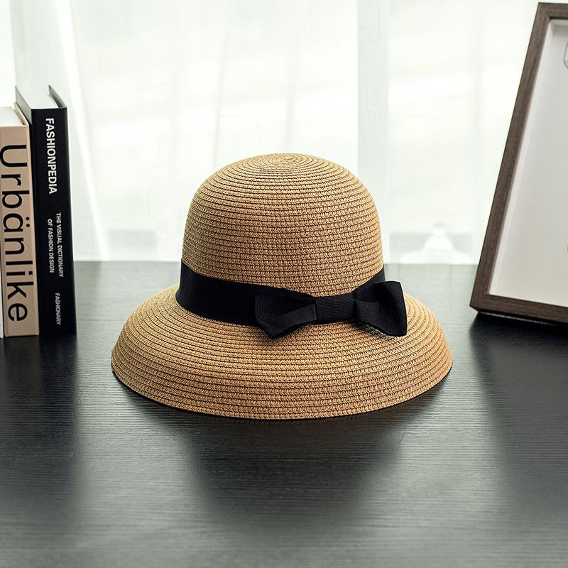 Black Ribbon Bowknot Straw Hat Classic Solid Color Sun Hats Elegant Summer Travel Beach Hats for Women Daily Use