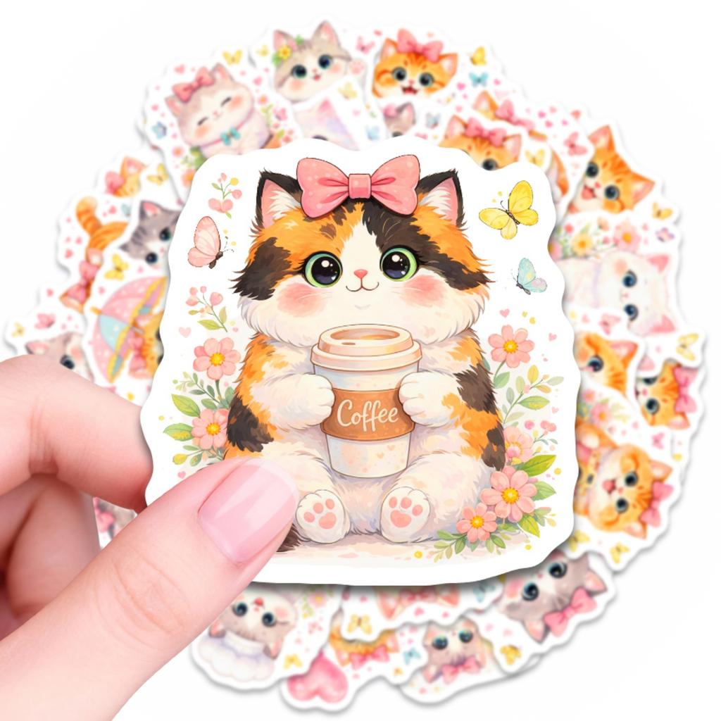 50 Watercolor Soft Cute Cat Stickers Cute Cartoon Kitten Luggage Notebook Handbook Stickers