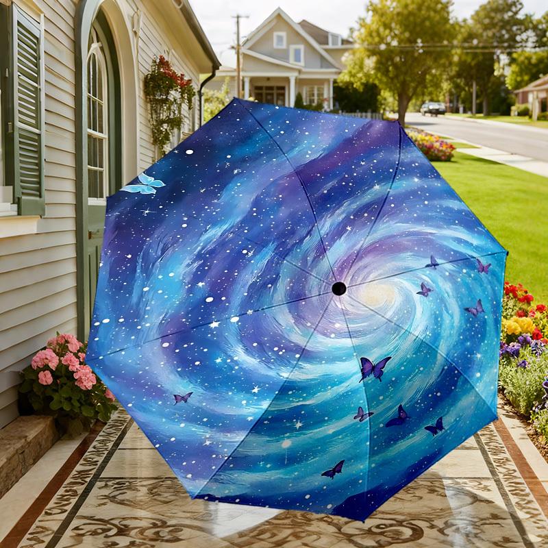Starry Night Butterfly Sky Umbrella: A Magical Companion for Outdoor Adventures, Automatically Opens and Closes, Lightweight and Durable