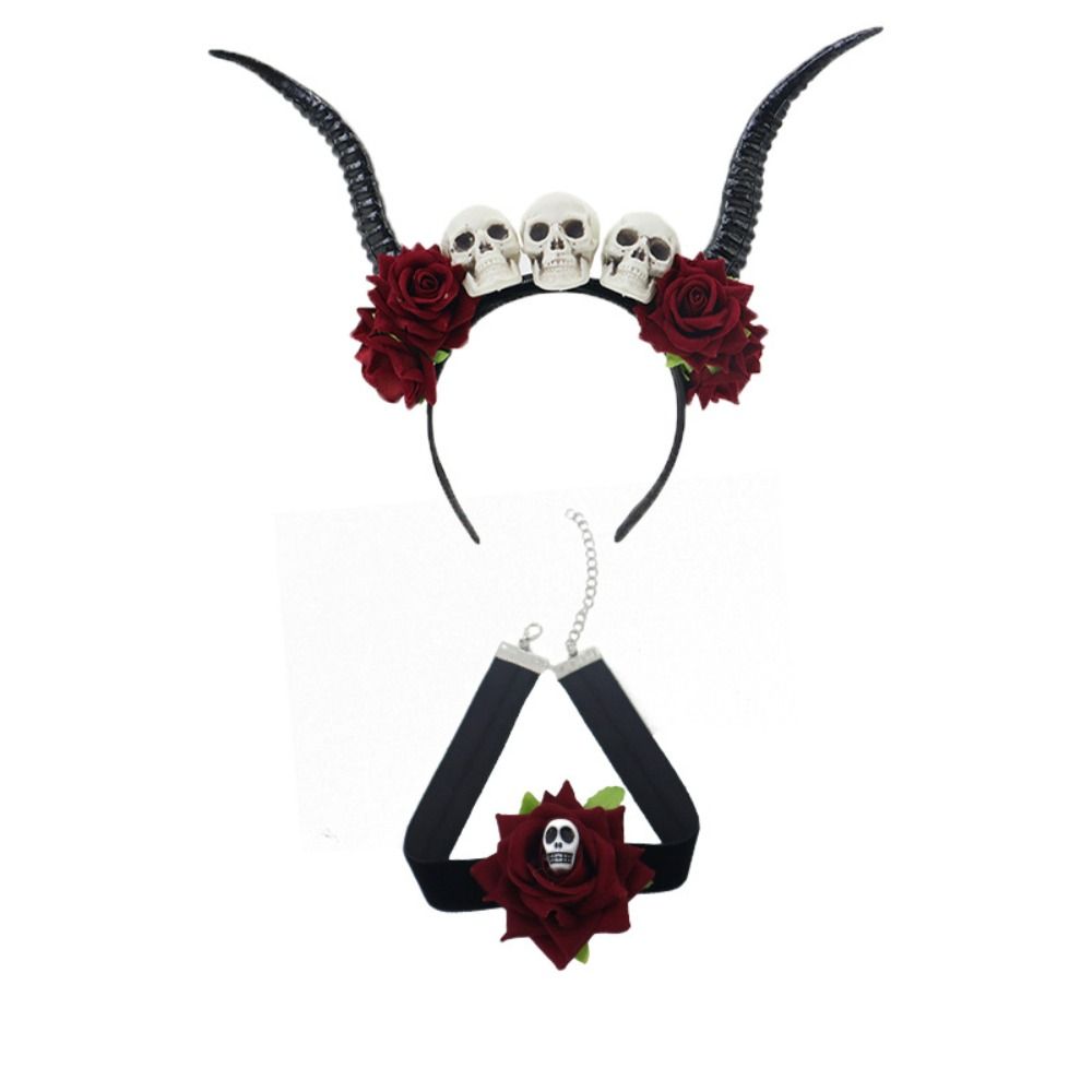 Skull Sheep Horn Hairband Halloween Red Rose Headband Flower Crown Ox Horns Headband  Cosplay