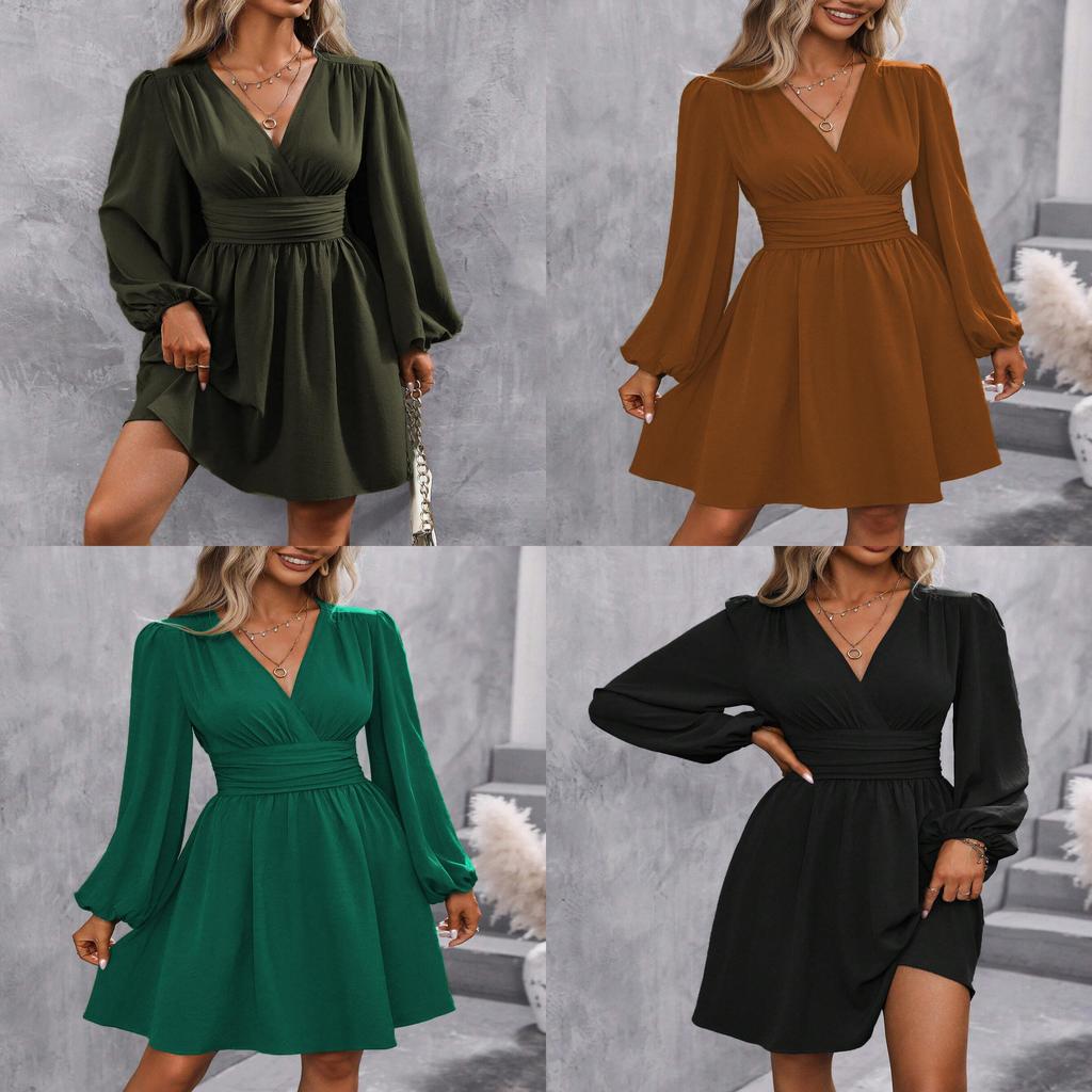 Polyester Vneck Lantern Sleeve Dress With Pleats For Casual And Party Wear