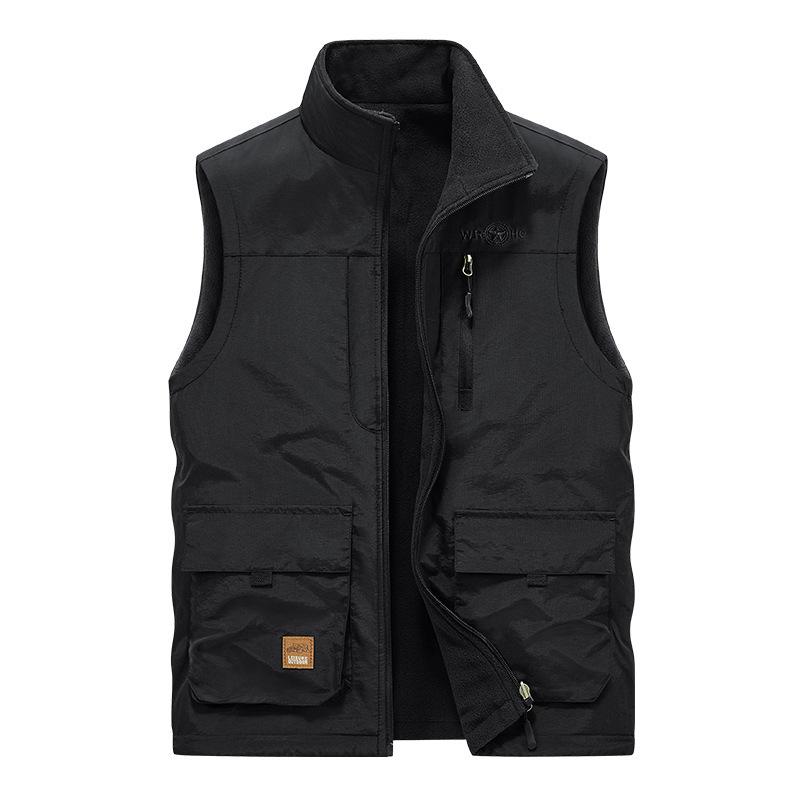 Men's Large Size Winter Warm Velvet Thickened Sleeveless Vest, Double-sided Wear Multi-bag Waterproof Vest