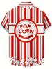 Printed Design – Not Textured Men's Stylish Shirt, Red and White Striped Popcorn Print Short Sleeve Shirt, Men's Lapel Collar Open Front Fun Pattern