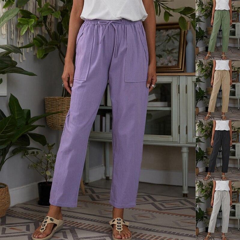 

Повседневные брюки с высокой талией и завязками на шнурке, с карманами, модные фиолетовые свободные прямые брюки, женские однотонные укороченные Spodnie 26274 XXXL фиолетовый