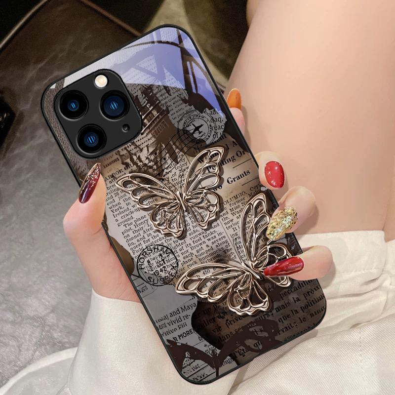 Vintage motýľ pre iPhone 16 Pro Max 15 Pro 14 13 12 Mini 11 XS Max XR 7 8 Plus SE 2022 Tvrdené sklo puzdro na telefón