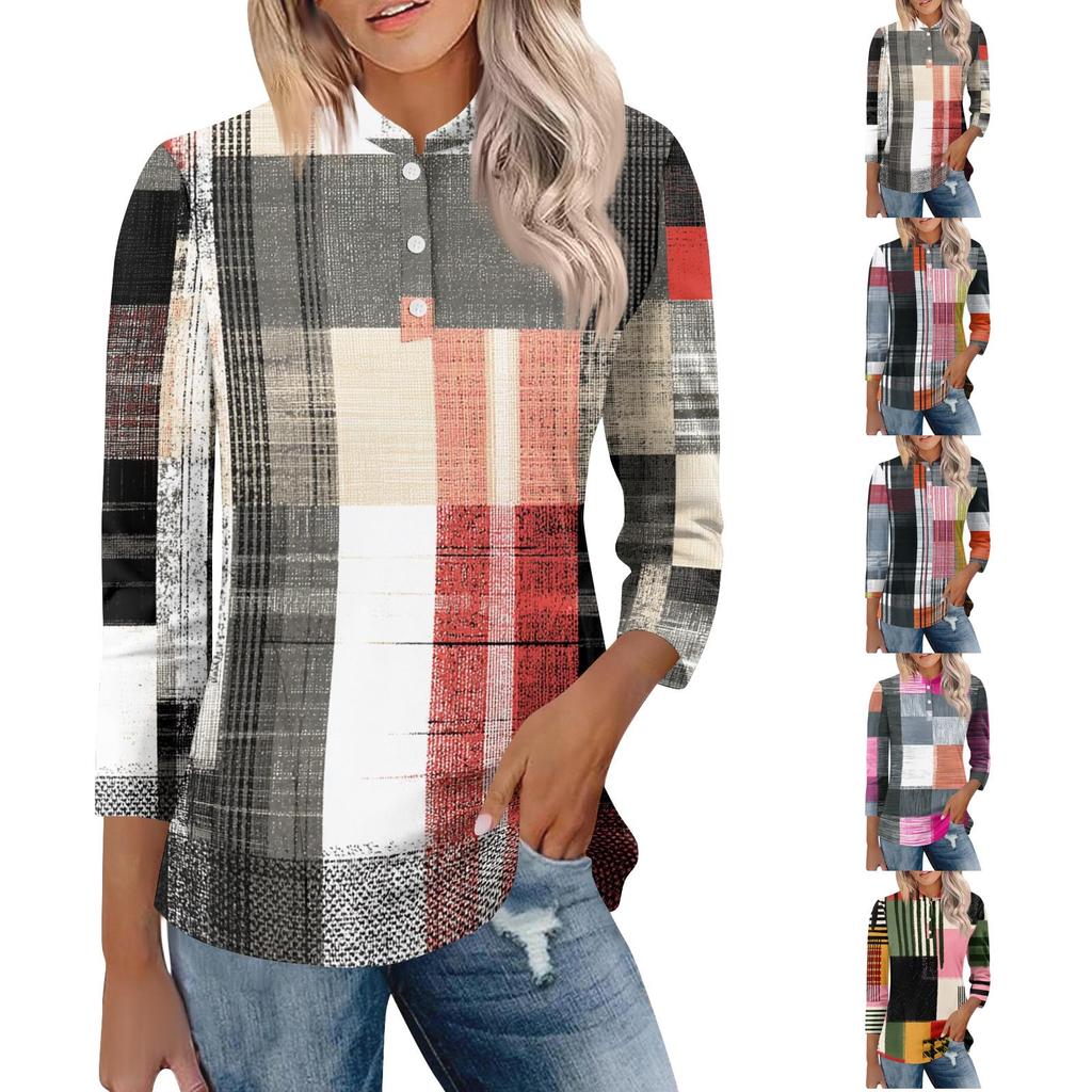 Women's Casual Loose Fit Polo Collar Shirt Three Quarter Sleeve Button Down Plaid Pattern Top for Everyday Wear