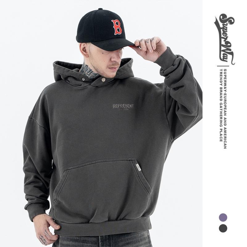 FG Men's Clothing | Autumn and Winter New Trend Brand Solid Color High Street Washed Heavy Small Logo Embroidered Hooded Sweater Men