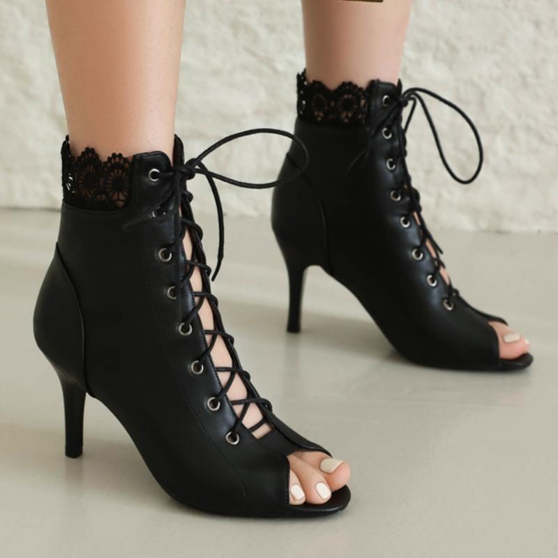 Women's Ankle Boots 2025 Summer Shoes Black White Fashion High Heels Peep toe Short Jazz Dance Boots Ladies Lace-up