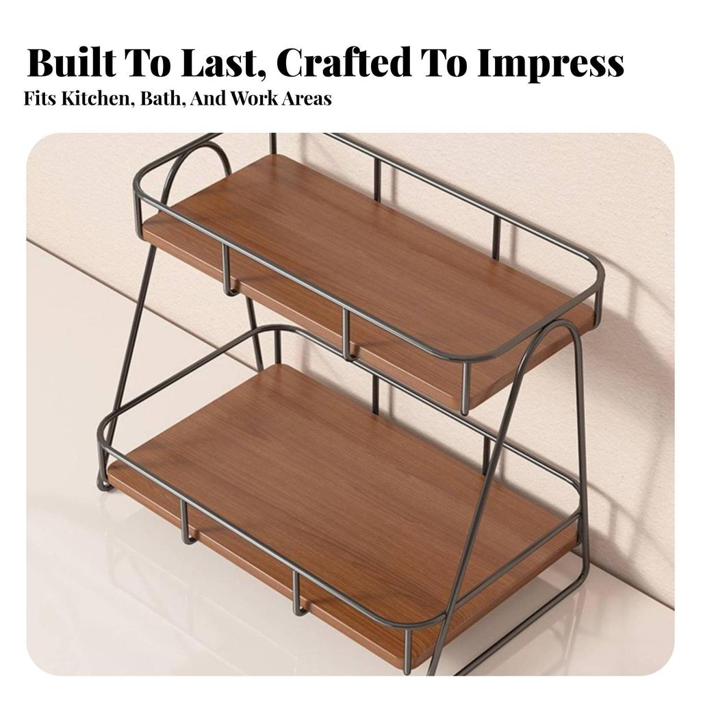 Two-Tier Desktop Storage Rack storageSaving Iron and Wood Shelf Organizer