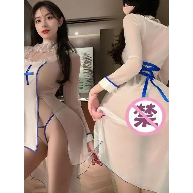 Sexy Female Sexy Lace Mesh Sheer Soft Gauze Cosplay Slit Court Nun Uniform Dress Elegant 2025 New Sweet Mini Dress Tops DHY8