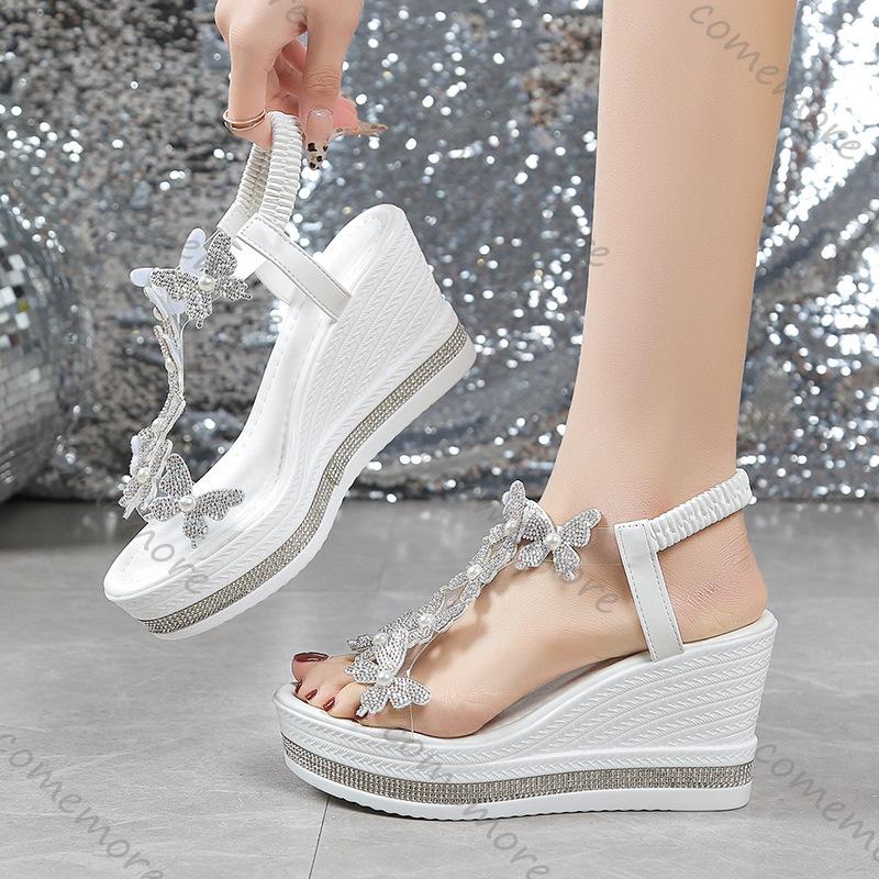 Fashion Comemore Shiny Crystal Butterfly Wedge Heel Sandals for Women Fashion PVC Platform Sandal Woman Thick Sole High Heels Sandales