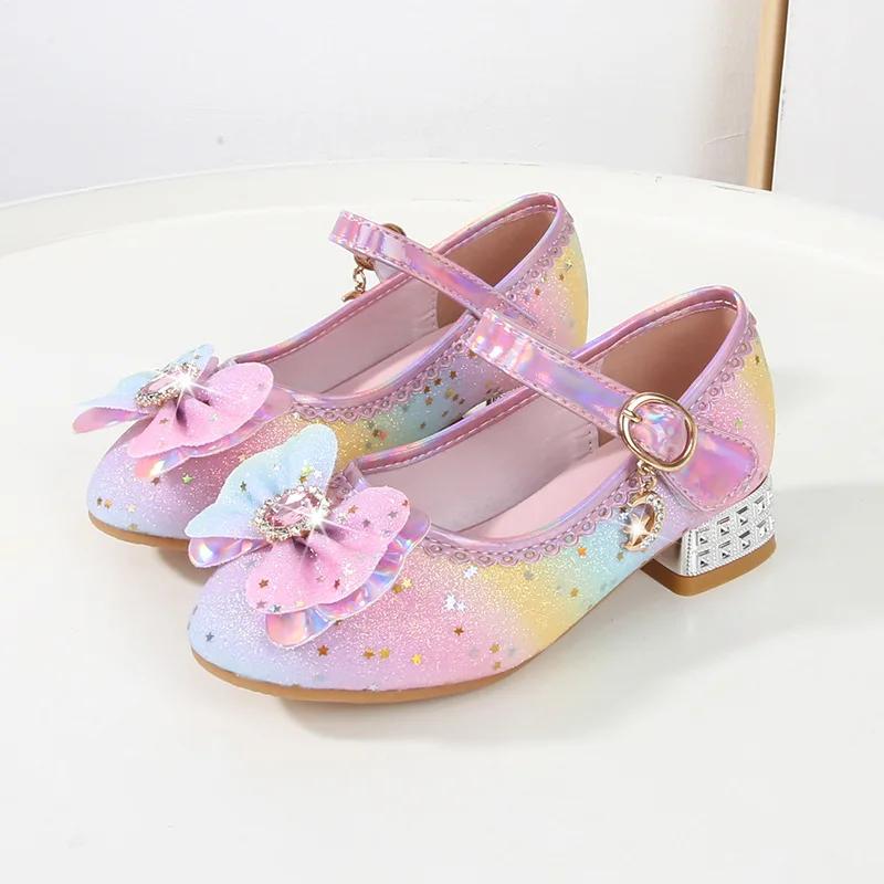 Frühling Herbst Regenbogen Prinzessin Schuhe Mode Glitzer Kinder Mädchen Kristall Lederschuhe Pailletten Kinder High Heels Einzelne Schuhe 27 rosa