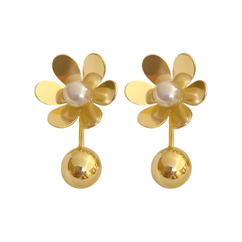 European & American Silver Needle Earrings with Faux Pearl & Metallic Floral Design