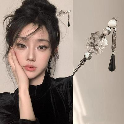 Retro Chinese Style Flower Hairpin Ink Colored Flower Tassel Hair Stick For Women Elegant Ponytail Holder Jewelry Hair Accessory