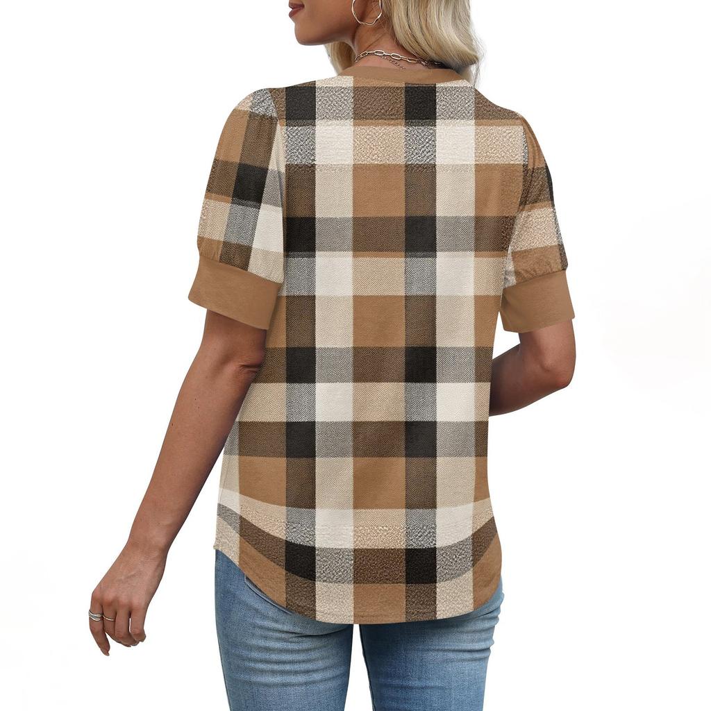 Women's Fashion Casual V, Neck Short Sleeve Print  Shirt Women's Up Tops