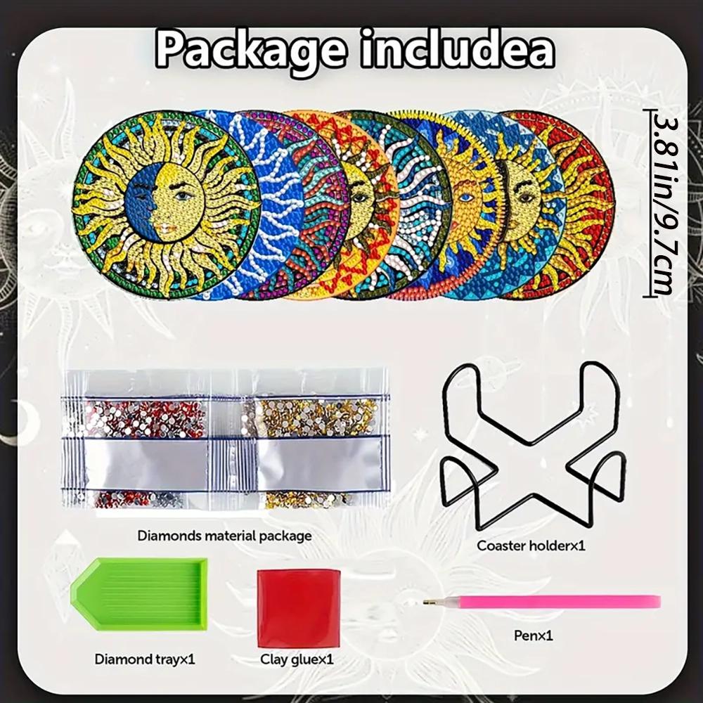 8 Pieces/set of Diamond Sun Patterned Coasters, DIY Coasters with Holder, Suitable for Beginners and Adults, Art and Craft Supplies Gifts