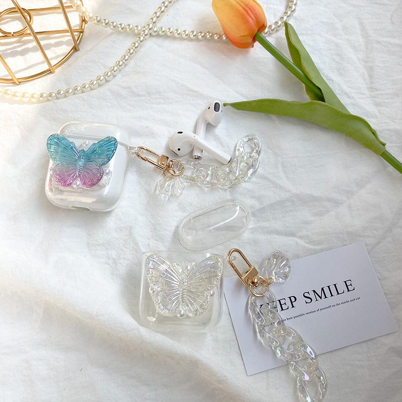 Colorful Butterfly Airpods1/2 Earphone Cover Creative Shell Chain Airpodspro Protective Case Transparent Pearl