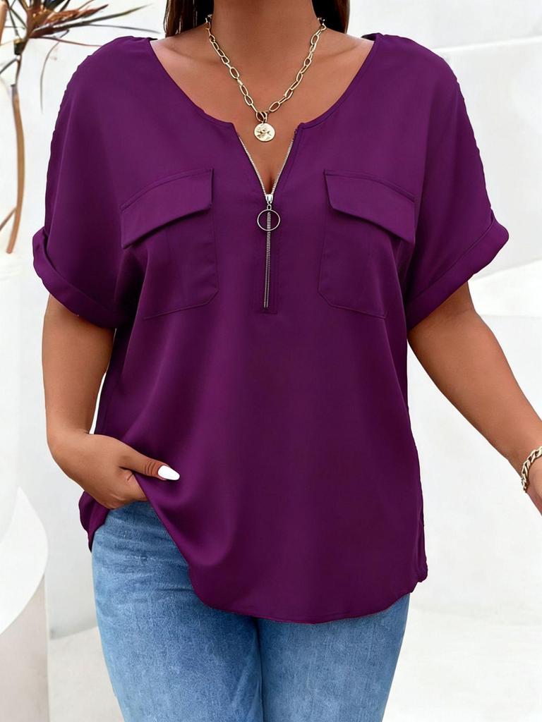 2026 Spring-Summer Solid Color Plus Size Women's Zipper Pocket Short Sleeve Loose T-Shirt
