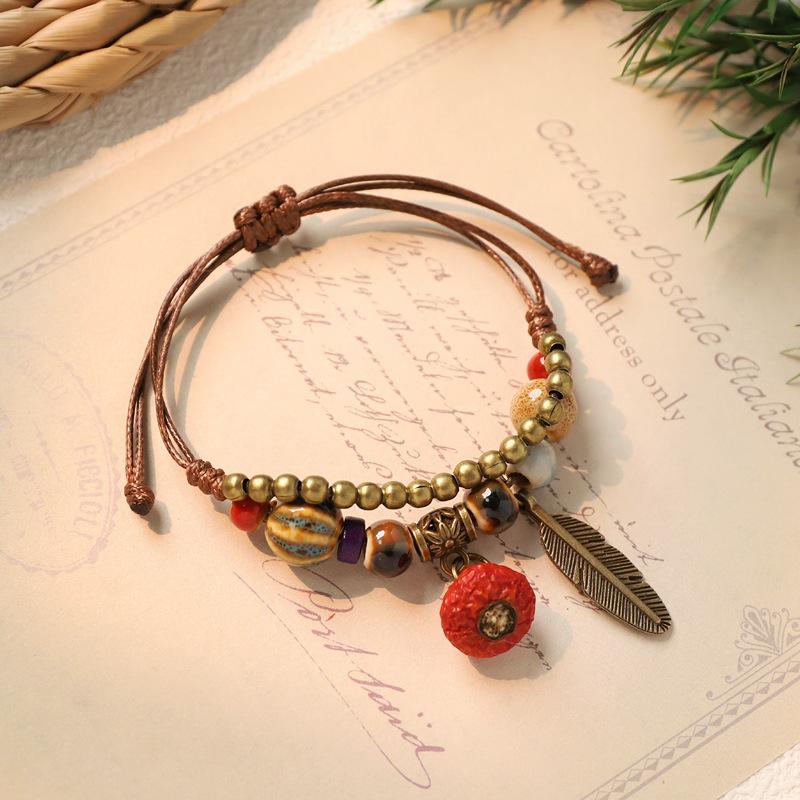 Adjustable Hand Woven Bracelets Women Ceramics Natural Plant Acorn Hand Strap Vintage Forest Series Beaded Rope Chain