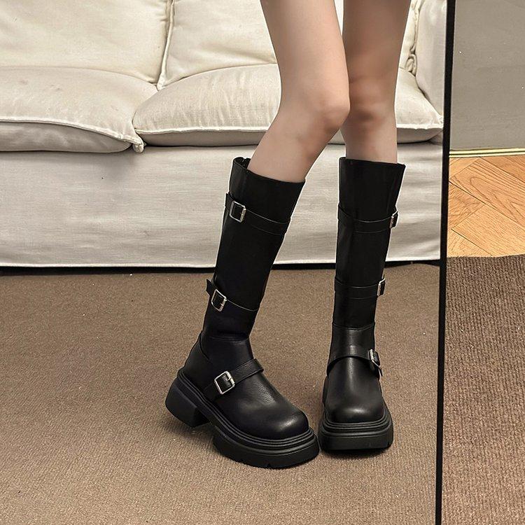 

Black small American thin thick-soled western cowboy boots women s 2025 new autumn and winter heightening retro boots 35