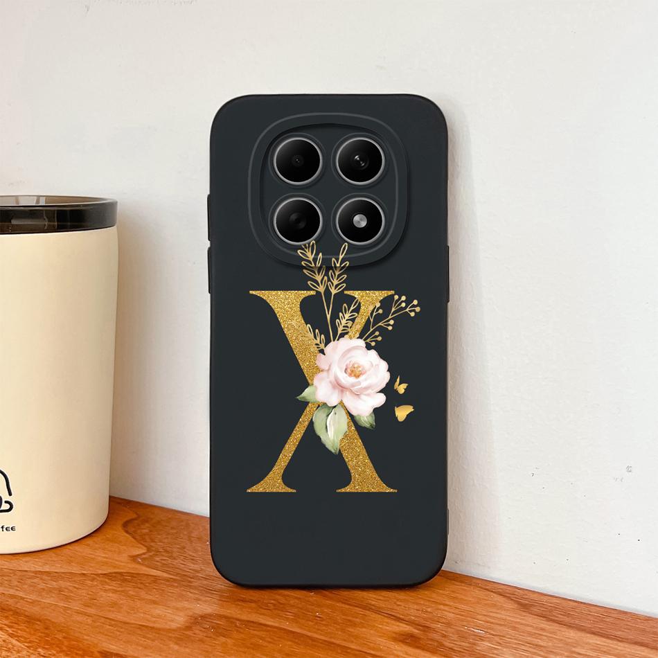 Floral Gold Letters Cover For Poco M8 Pro Phone Case Soft Smooth Liquid Silicone Anti Drop Protective High Quality Couple Bumper