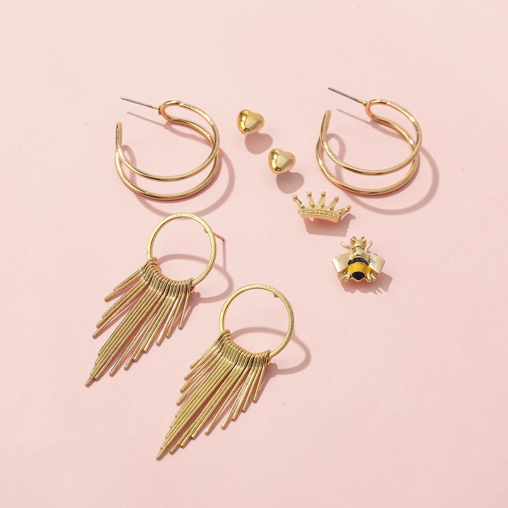 Alloy Chic Half Circle Crown Bee Heart Stud Earrings Ideal For Birthdays And More