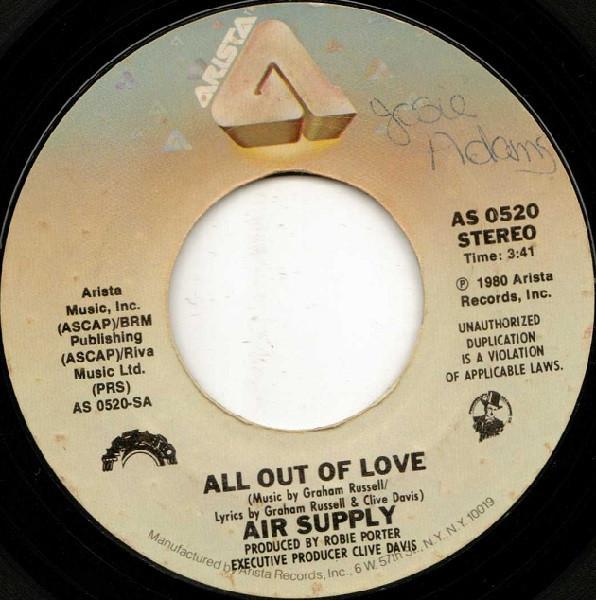 

7inch Record AIR SUPPLY - All Out Of Love AS0520 Arista 1980 US Rock Used