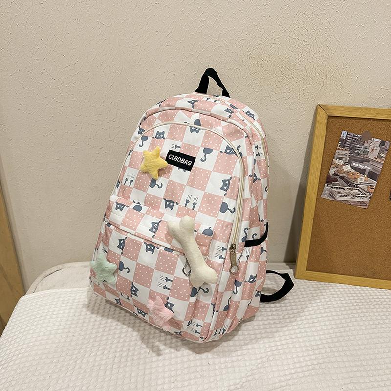 Plaid Cat Print Nylon Schoolbag Large Capacity Backpack High School Student Backpack