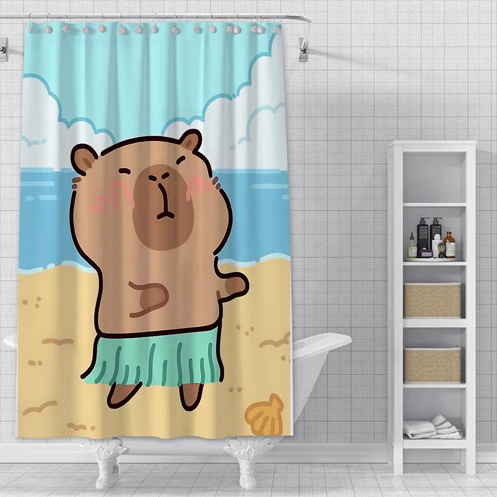 Sprchový závěs Vodotěsná polyesterová tkanina Malba Barevné koupelnové závěsy Kawaii Kapybary Domácí koupelnová dekorace S háčkem