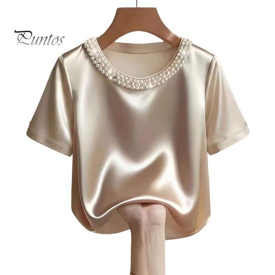 Tee Shirt Women T-shirt Round Neck Satin Fabric with Hand-Sewn Imitation Pearls Short Sleeve Loose Fit Casual Tops Hand-sewn Pearl Neckline